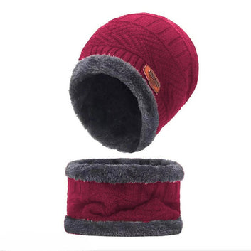Unisex Beanie Wool Cap With Neck Warmer - Red