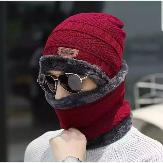 Unisex Beanie Wool Cap With Neck Warmer - Red