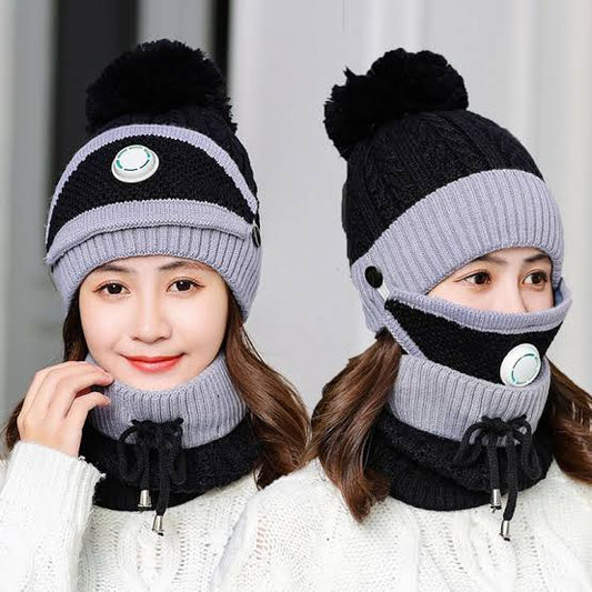 Women 3 Pc's Beanie Cap With Neck Warmer And Mask - Black