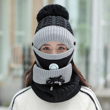 Women 3 Pc's Beanie Cap With Neck Warmer And Mask - Black