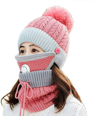 Women 3 Pc's Beanie Cap With Neck Warmer And Mask - Pink